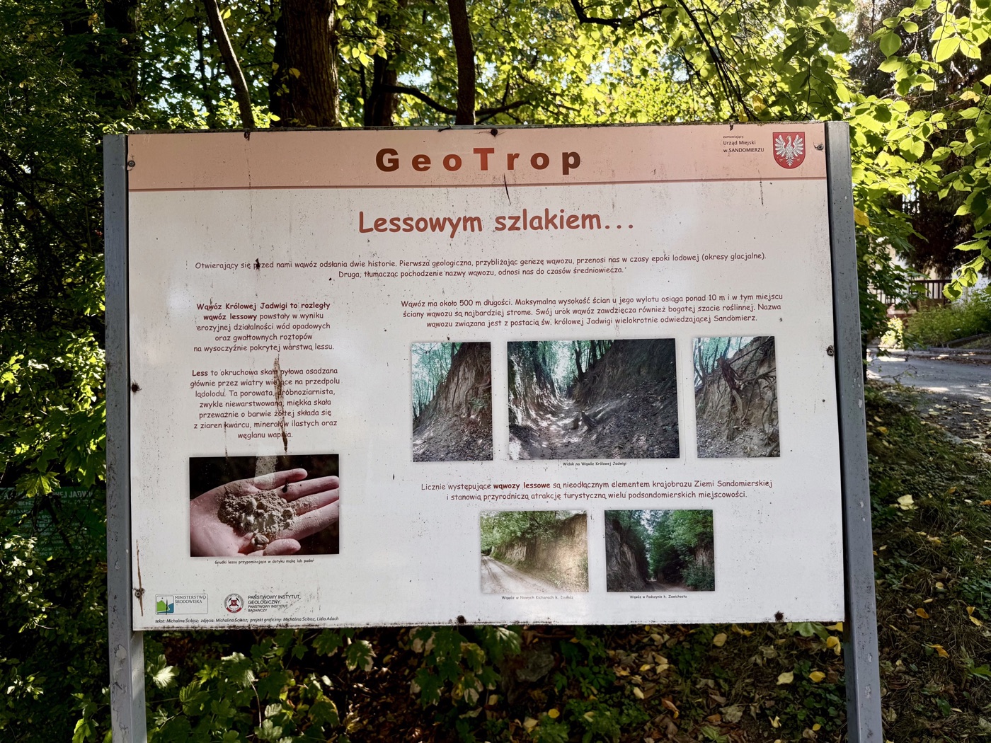 Tablica edukacyjna na dwóch metalowych słupkach wśród drzew, z tekstem o wąwozie i lessie, zdjęciami ścian wąwozu i dłoni z grudkami lessu